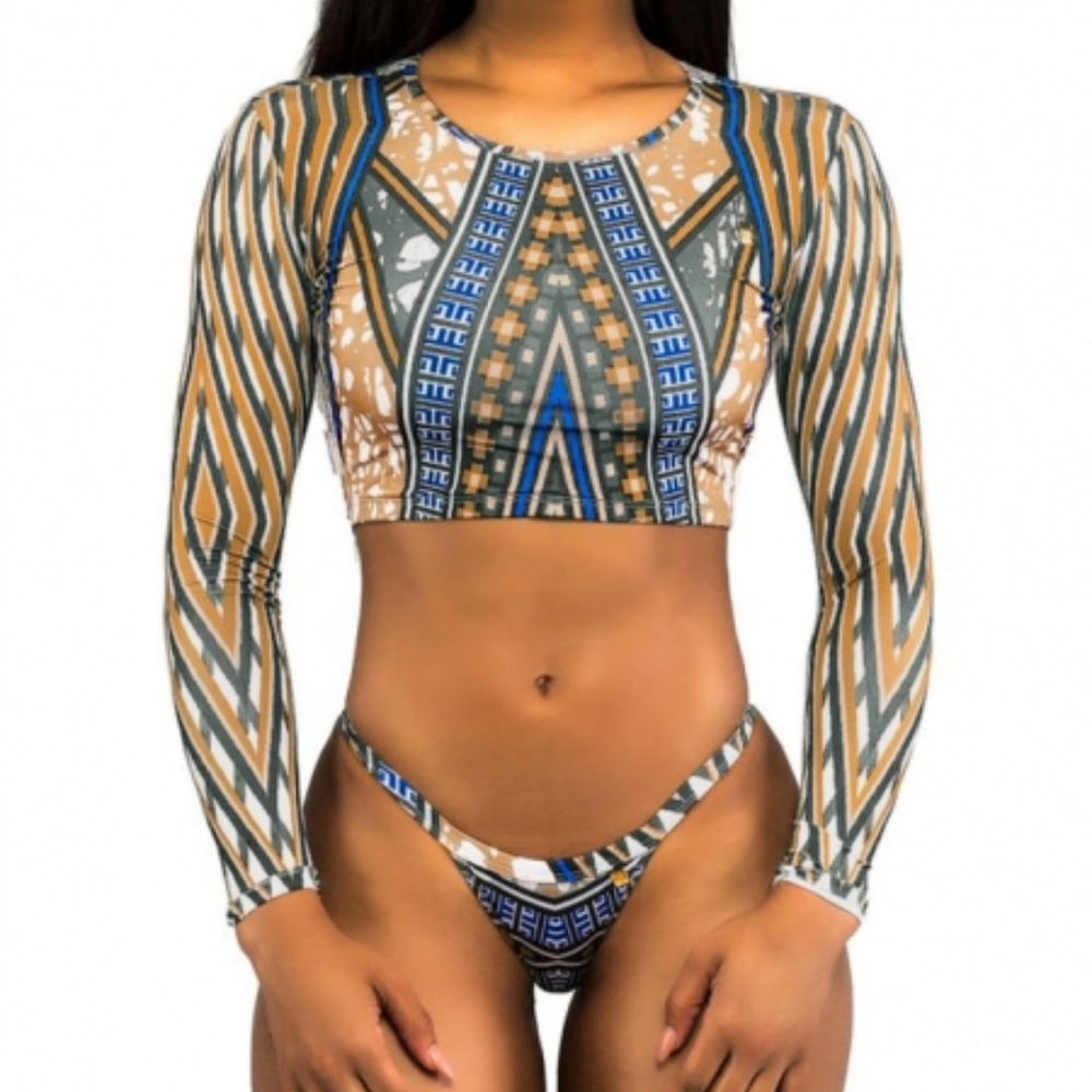 Geometric African Print Long Sleeve Tanga Swimsuit
